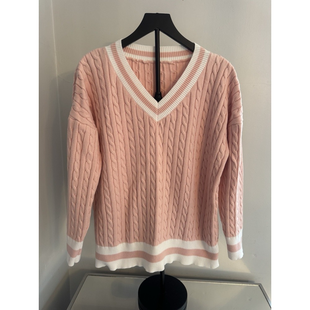 Womens Pink Cable Knit Cricket Sweater‎ XL Varsity V Neck Preppy Cottagecore
